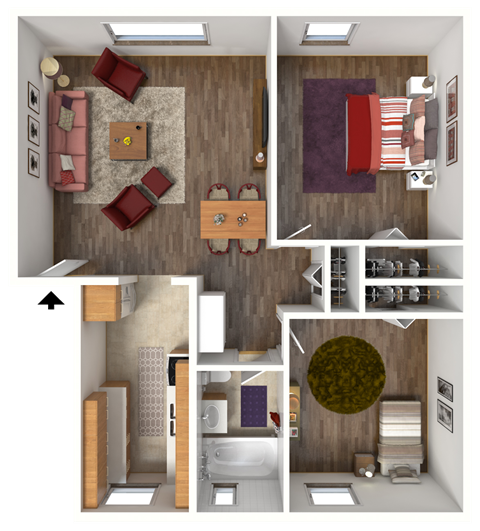 a 3d rendering of a bedroom with a living room and a bathroom